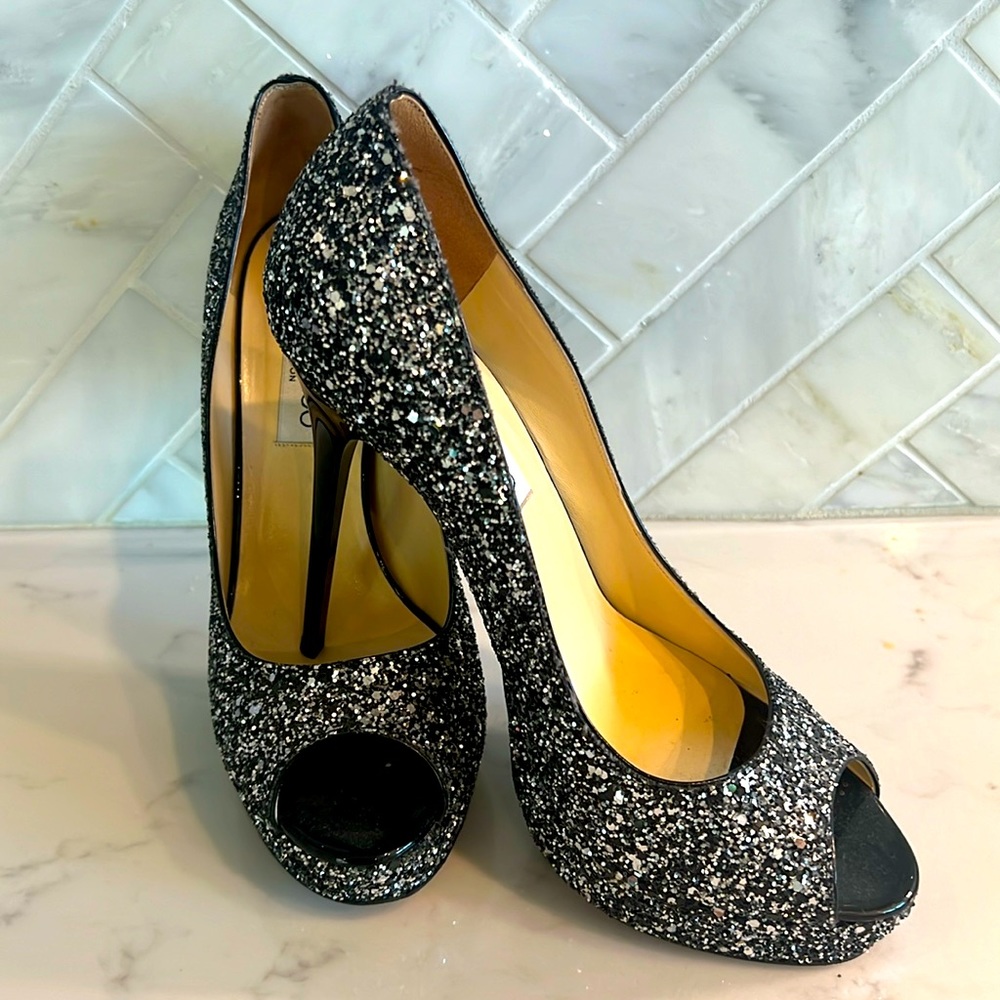 Jimmy Choo 145mm Platform Black and Silver Glitter Stilettos Size 38.5